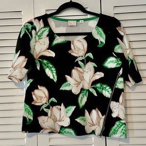 Anthropologie Postmark Black Textured Kobus Magnolia Flower Crop Zip Top